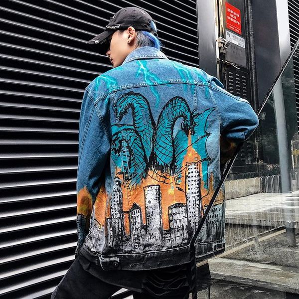 

european and american street rock tide brand personality doodle print national tide denim jacket men's hip-hop loose tide men's jacket