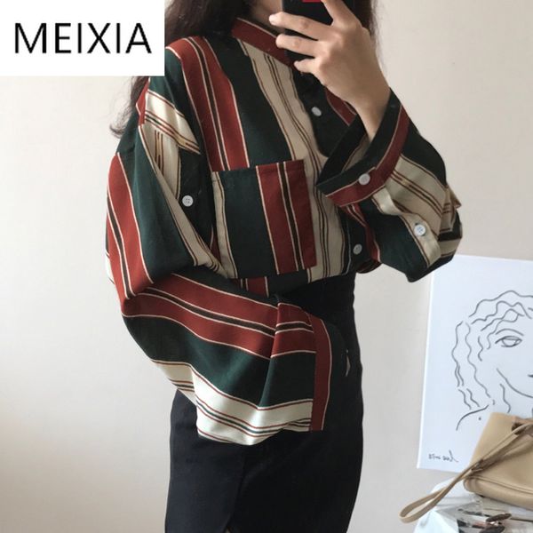 

women's blouses & shirts meixia spring summer women striped fashion blouse turn-down collar casual full sleeve polyester chic shirt, White