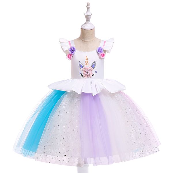 

children handmade joint colorful dress unicorn girls holiday party host formal dress princess, Red;yellow