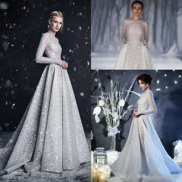 

paolo sebastian 2020 silver lace wedding dresses with pocket high neck long sleeve muslim dubai arabic princess bridal wedding gown, White