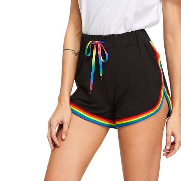 

elastic high waist loose rainbow color stitching shorts summer short women casual trousers workout waistband skinny short, White;black