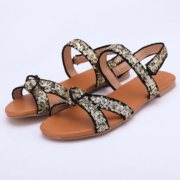 

sequins bling open toe beach slippers bohemian style ladies women flat with roman sandals casual dress shoes sandalias de mujer, Black