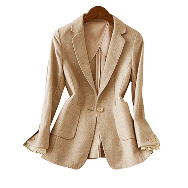 

women coat small suit elegant lace cuffs removable gentle beige wool casual suit women, White;black