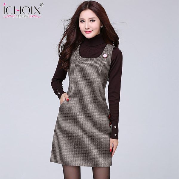 

2019 autumn winter woolen vintage midi dress new vest plus size plaid dress houndstooth slim office women red gray vestidos, Black;gray