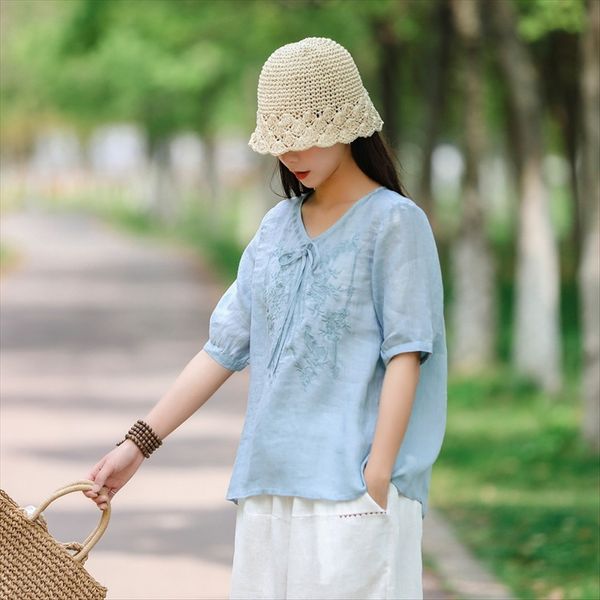 

summer women's comfortable all-match casual loose cotton and linen breathable short-sleeved cotton and linen t-shirt, White