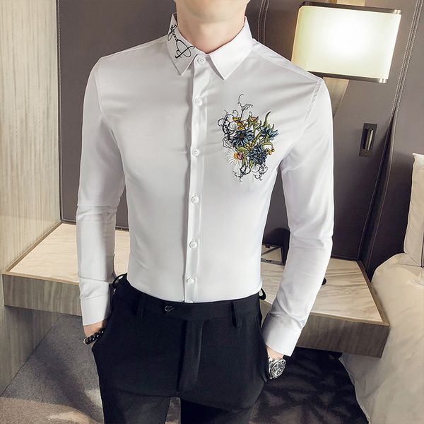 

simple embroidery mens dress shirts all match solid mens casual shirts long sleeve slim fit streetwear/party tuxedo, White;black