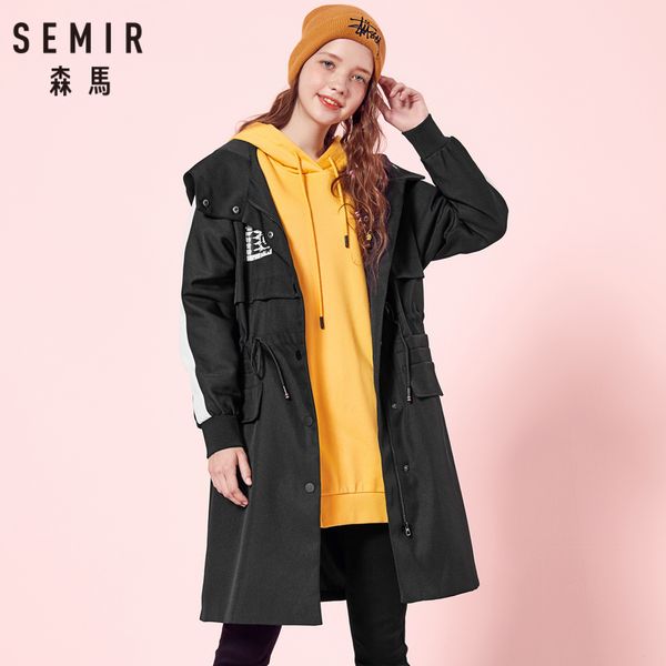 

semir women long hooded jacket with slits at side zip and snap closure outdoor jacket with hood drawstring at waist ribbed cuffs, Tan;black