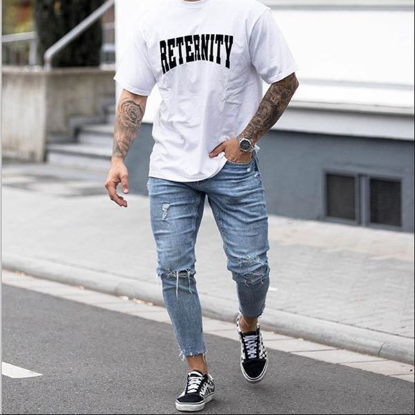 

men new blue knee ripped destroyed skinny jeans hip hop fashion designer streetwear male casual joggers denim trousers