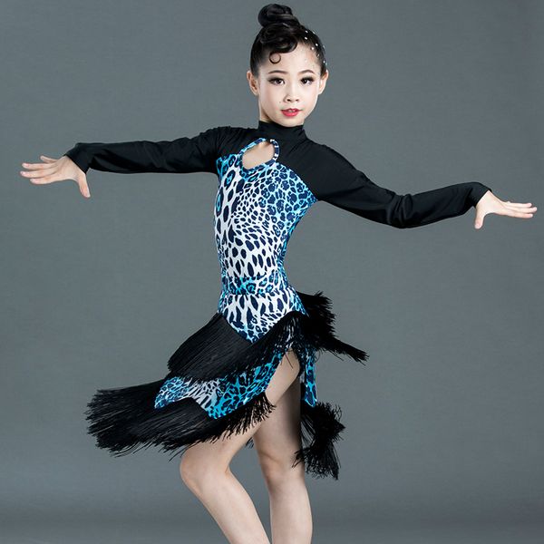 

stage wear blue leopard dance dress girls latin costume performance suit tassel skirt children competition kids 3429, Black;red