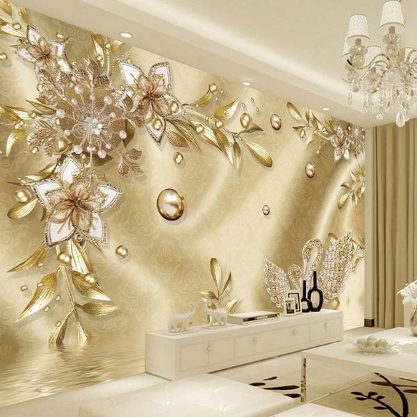 

european style golden 3d flower jewelry damascus pattern background decoration mural wallpaper for living room home decor