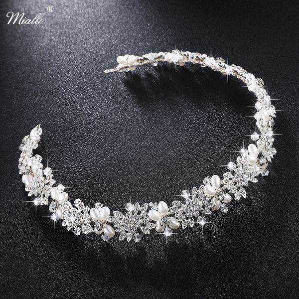 

miallo luxury clear crystal bridal hair vine pearls wedding hair jewelry accessories headpiece women crowns pageant hs-j4506, Golden;white