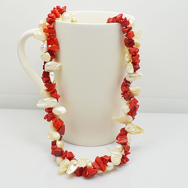 

2rows baroque genuine freshwater pearls red luck stone necklace real pearl jewelry charming women gift jewellery, Golden;silver