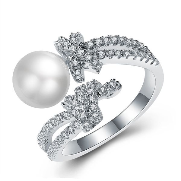 

open adjustable ring fashion minimalist micro zircon female personality knotted pearl ring jewelry, Silver
