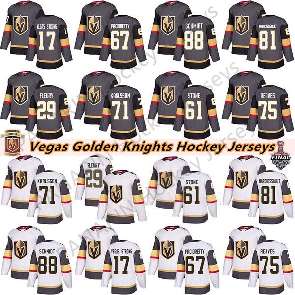 

vegas golden knights 29 marc-andre fleury 75 ryan reaves 71 william karlsson 61 mark ston 67 max pacioretty mens kids women hockey jerseys, Black;red