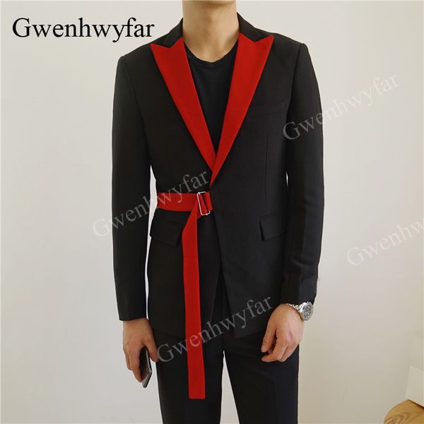 Gwenhwyfar 2020 Custom Made Correia Decorado Red Velvet repicado Suit Set casamento formal Prom Groom Tuxedo 2 Pieces terno dos homens lapela