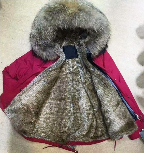 

new listing brown raccoon fur trim meifeng brown rabbit fur lining red mini parkas with ykk zipper women snow jacket, Black