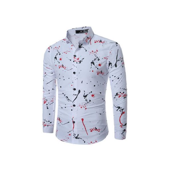 

men's long-sleeved casual shirt fashion versatile plum wave point printed shirt lapel fashion slim men's wear, White;black