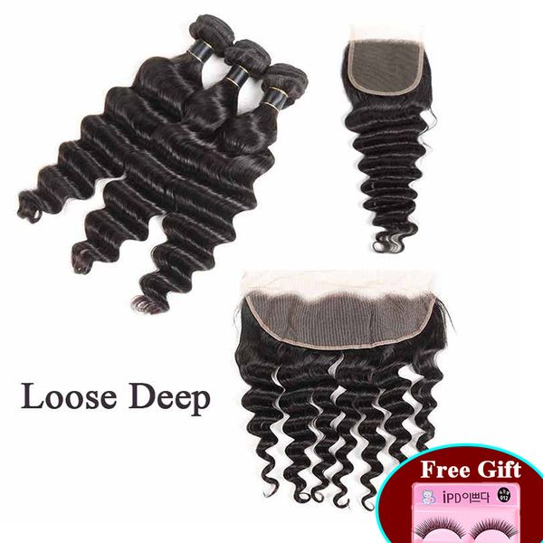 

loose deep malaysian human hair weaves 100% brazilian remy human hair extensions 3 bundles with 13x4 frontal or 4x4 lace closure, Black;brown