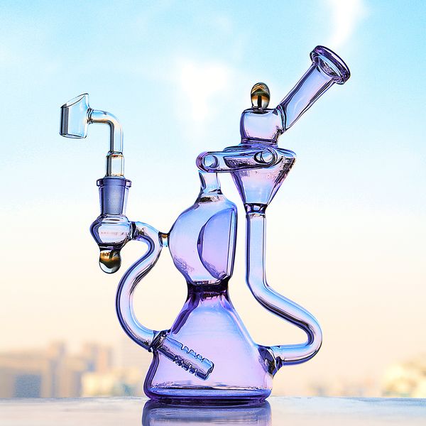 Nargile Bongs Mor Geri Recycler Dab teçhizat su borusu Kalın cam borular kuru bitki sigara içme aksesuarı için 14mm banger ile