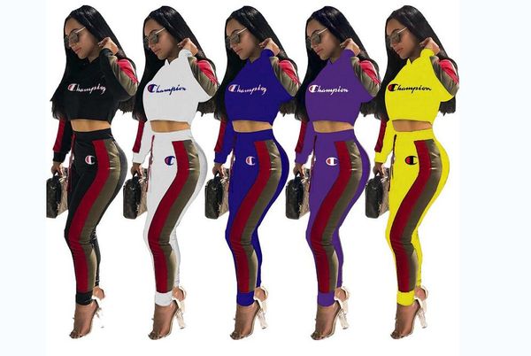 

women champions letter embroidery tracksuit long sleeve t shirt + pants leggings 2pcs set jogger outfit champi sportswear clothes suit, Gray