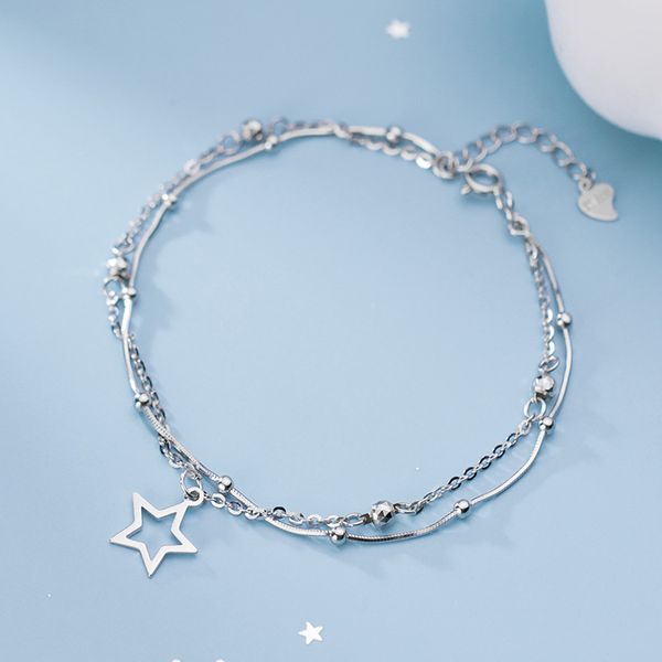 

925 sterling silver fashion double chain hollow star shape bracelet jewelry for women girls daughter gift, Golden;silver