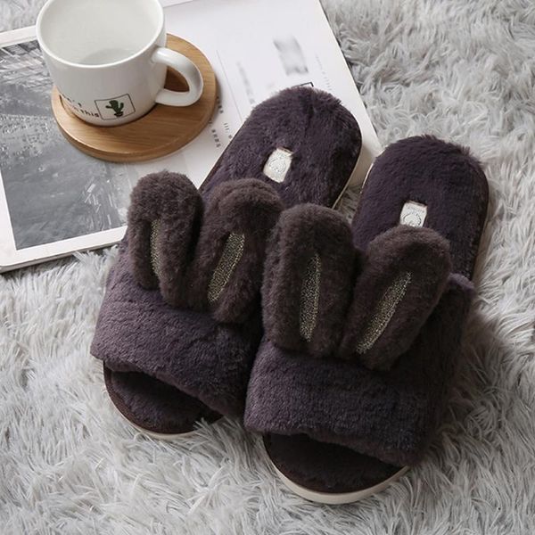 

home indoor non-slip cotton slippers winter solid color ear slippers couple cute large size flat zapatos de hombre, Black