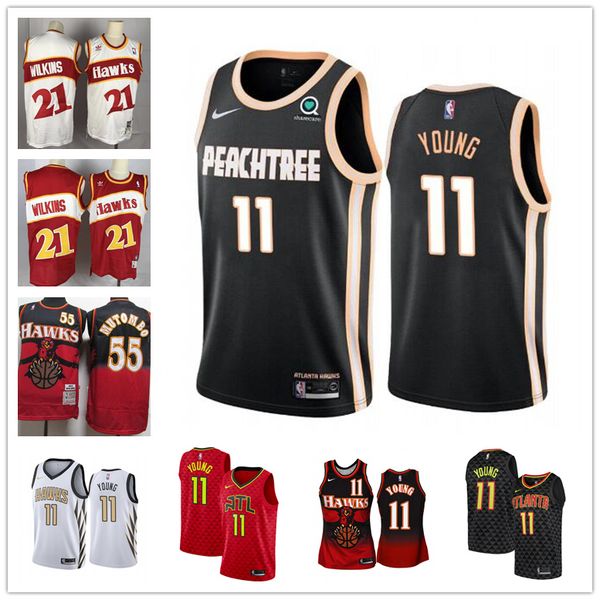 

atlanta hawks trae 11 young vince 15 carter deandre hunter dominique 21 wilkins dikembe 55 mutombo city black edition basketball jerseys, Black;red
