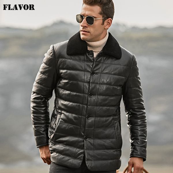 

flavor men's real leather jacket men lambskin genuine leather jacket winter duck down coat with sheep fur collar, Black