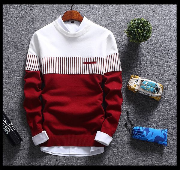

autumn and winter men's crew neck striped contrast color sweater new fashion casual warm sweater for men, White;black