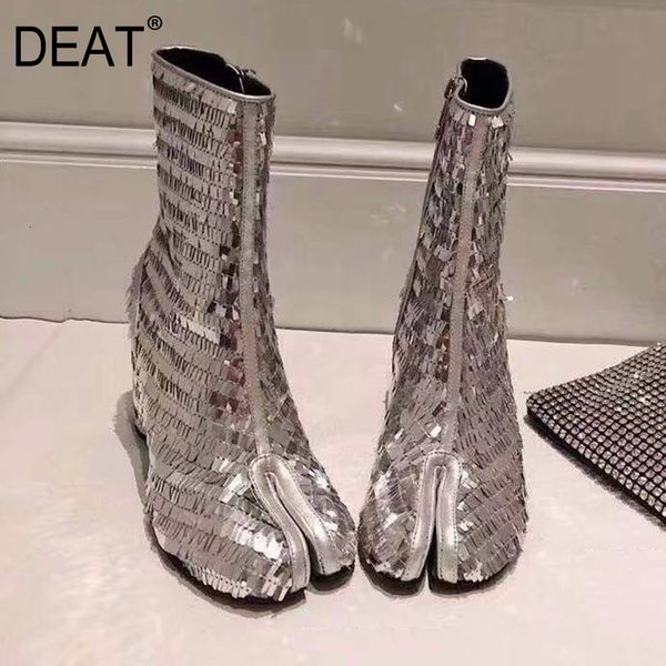 

deat] 2019 sequined bling toe zipper pu leather velvet shoes women thick high heel short boots new autumn winter fashion 10f048, Black