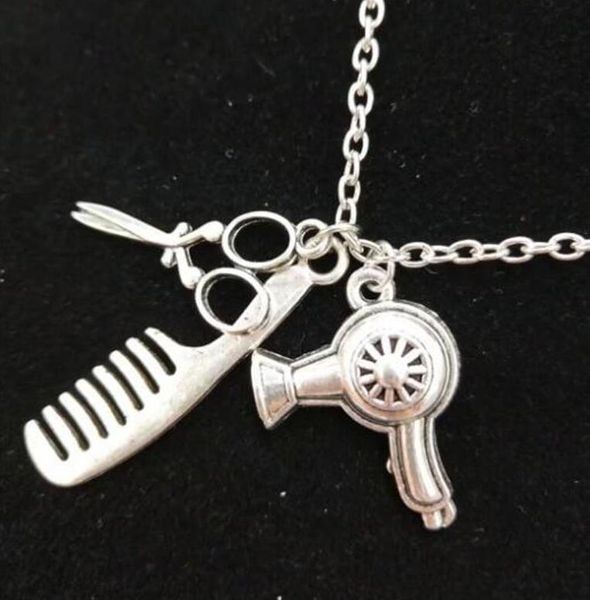 Hot Vintage Silber Cosmetologist Haartrockner / Schere / Kamm Baumeln Anhänger Halskette Schere Schmuck Friseur Geschenk Erklärung Schmuck