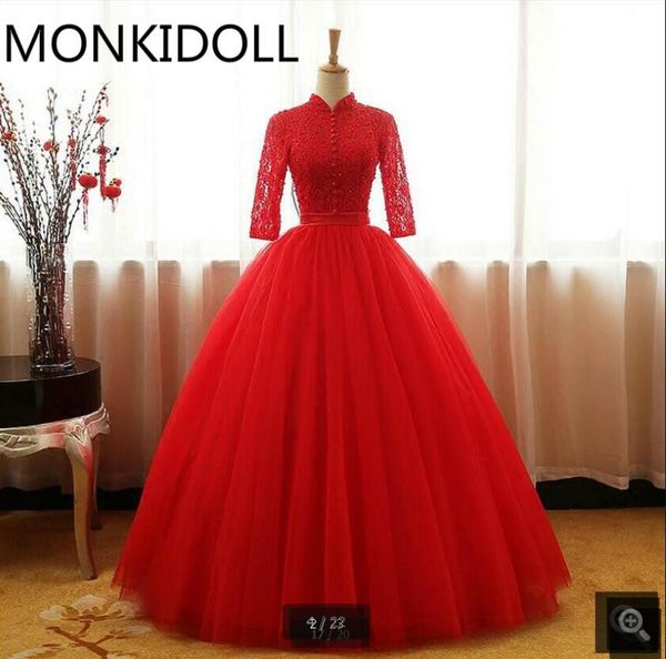 

robe де mariage красный шнурок 3/4 рукав бальное платье свадебное платье с высоким декольте полая назад сексуальные плиссированные свадебные, White