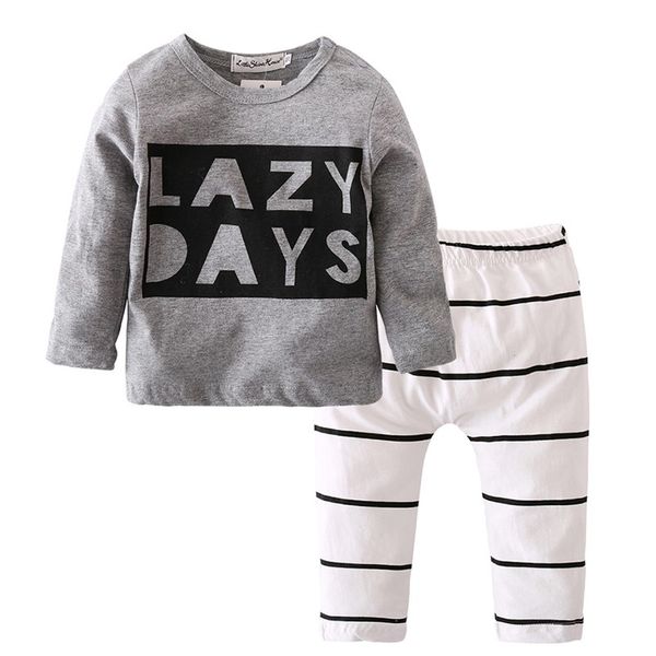 

kids baby boys set letter print comfortable shirt+striped simple concise pants trouser set newest, White