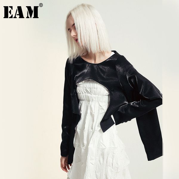 

eam] loose fit glossy personality short jacket new round neck four long sleeve women coat fashion tide autumn winter 2019, Black;brown