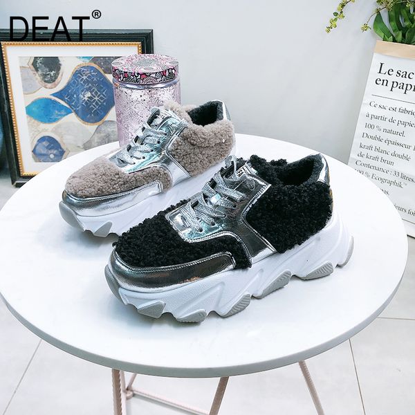 

deat] 2019 round toe bandage casual sport lamswool fur spliced velvet wedges shoes women new autumn winter fashion 19i-a101, Black