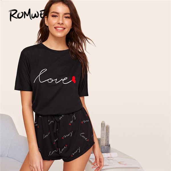 

romwe black heart and letter print pajama set women 2019 summer short sleeve tee drawstring short sets casual sleep nightwear, Blue;gray