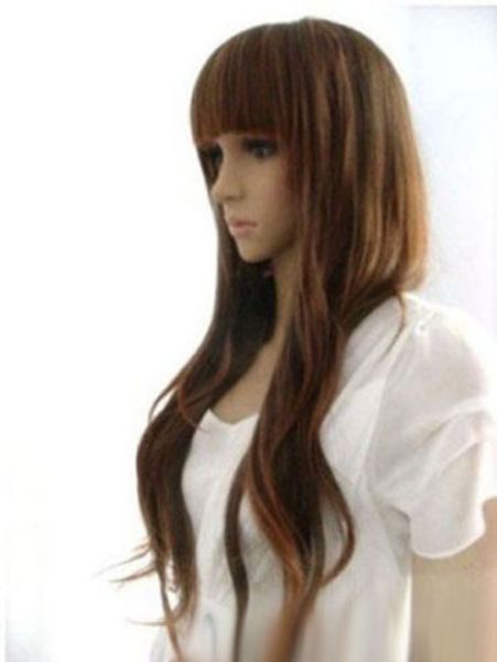 

fashion long brown wavy neat bangs women's lady cosplay hair wig wigs + cap, Black