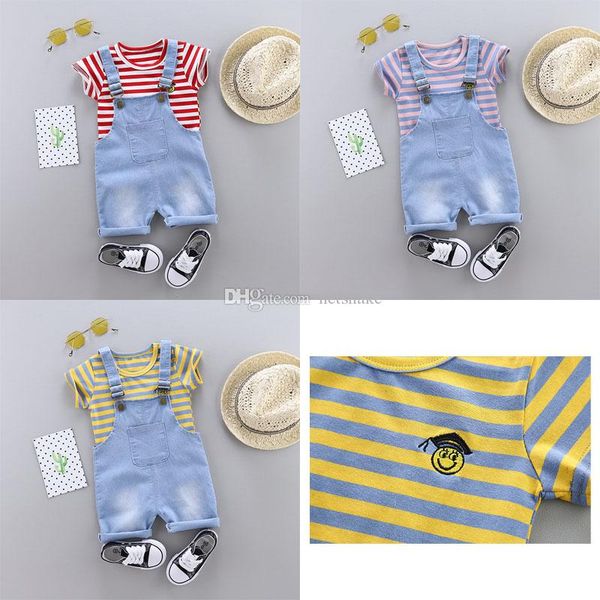 

2019 тренд стиль лето хлопок круглый воротник полосатый узор с коротким рукавом и ремни шорты две части для мальчиков и девочек, White