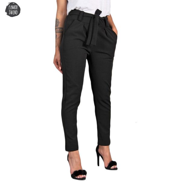 

polyester high waist pants bandage elastic waist solid casual long pencil pants women office lady women clothes, Black;white