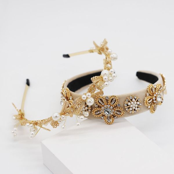 

baroque fashion temperament gorgeous rhinestone bow pearl headband travel leisure street shoot catwalk headband, Golden;white