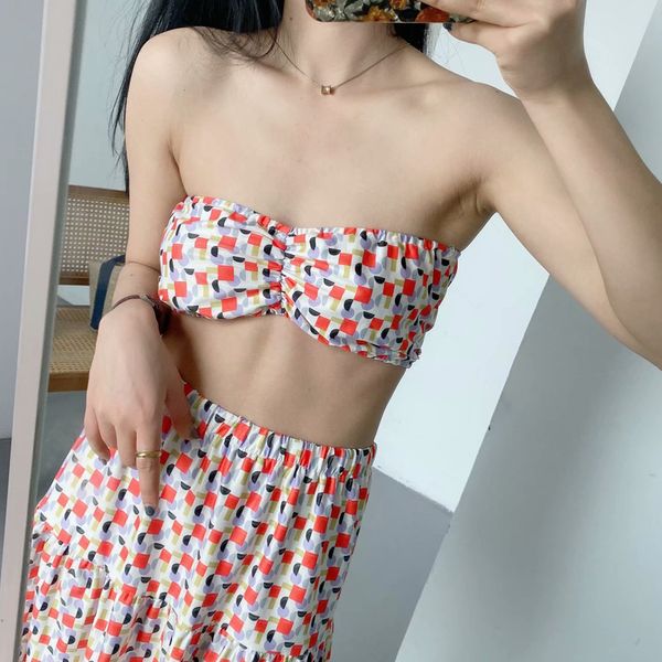 

new style ladies beachwear 2 piece set printed tube elastic waist skirt