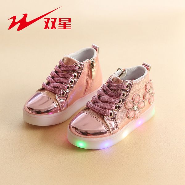 

double star casual children's shoes flower diamond cartoon led kids light shoes for boys and girls soft girl's shoes2020, Black;red