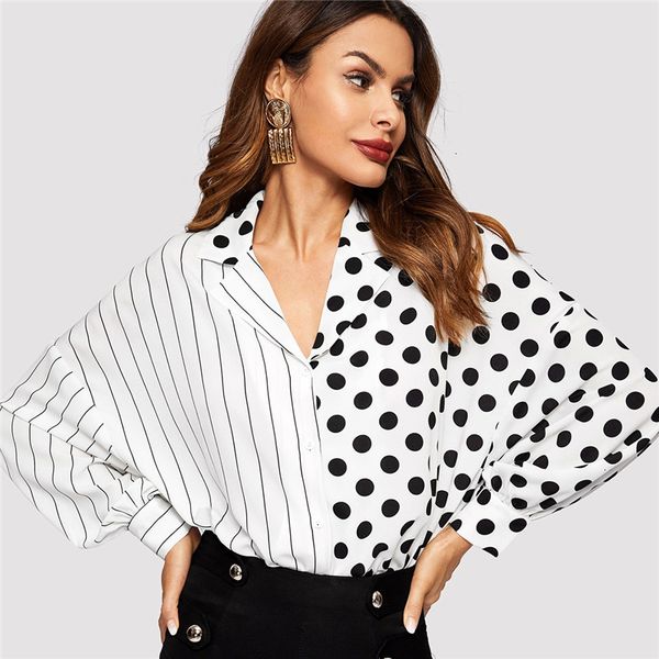 

women clothing women blouse and white striped and polka dot mixed long dolman sleeve button placket blouse women 2019 spring blouses