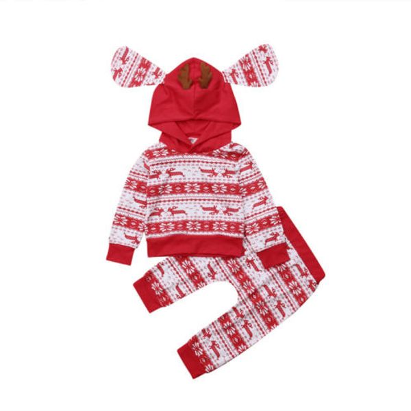 

focusnorm baby boy girl christmas outfit long sleeve floral hooded sweatshirt +red long pants spring clothes infant xmas set, White