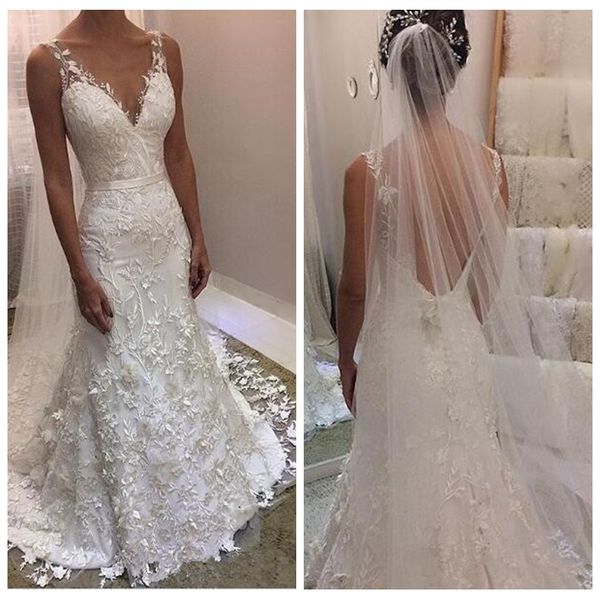 

2020 sheer lace appliques mermaid wedding dresses backless garden bridal gowns vestidos de marriage formal long, White
