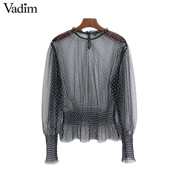 

vadim women sweet black mesh blouse o neck long sleeve dots print shirt female stylish basic see through blusas mujer lb709, White