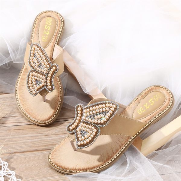 

slippers women indoor slippers ladiesÂ bohemia bling crystal flat flip-flop open-toed beach string bead shoes summer flip flops, Black