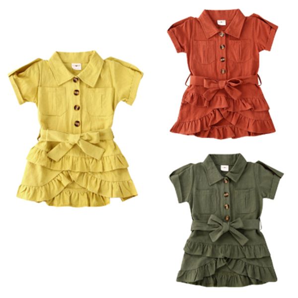 

2-7y kid girl short sleeve dress solid color shirt collar multilayer ruffles fold decoration child clothing button shirt dress, Red;yellow