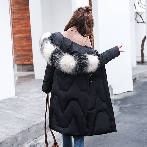 

winter women's down parkas winter jacket big fur thick slim long coat fashion zipper hooded female long outerwear, Black
