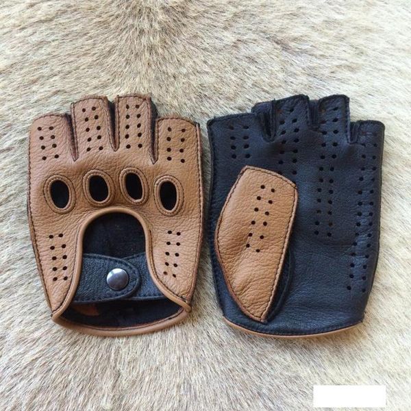 

2019 new half finger men genuine leather gloves goatskin gloves fashion men breathable driving gloves male mittens t191130, Blue;gray